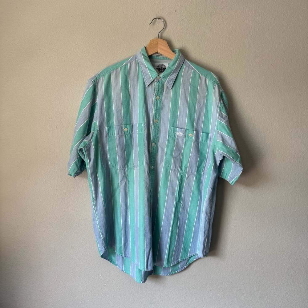 Vintage 90s Levi’s Dockers Striped Button Up Shirt Aqua Blue Medium